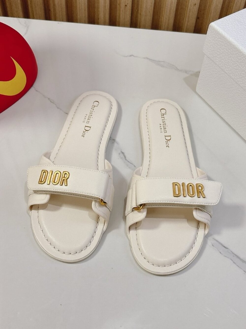 Christian Dior Dioriviera Slide Sandals White Calfskin Gold DIOR Logo Flat Mules